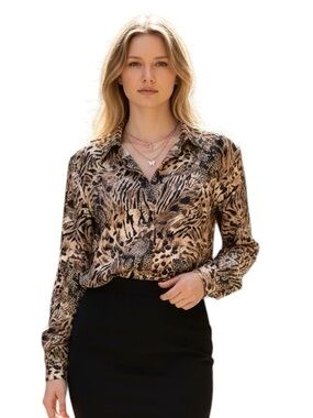 VTG Stunt Womens 100% Silk Animal Print Button Front Shirt Top Long Sleeve Sz M